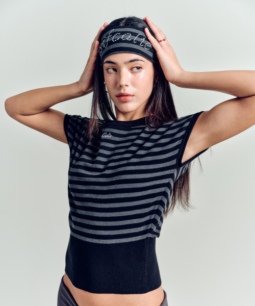 STRIPE WAIST RIB KNIT TOP BLACK