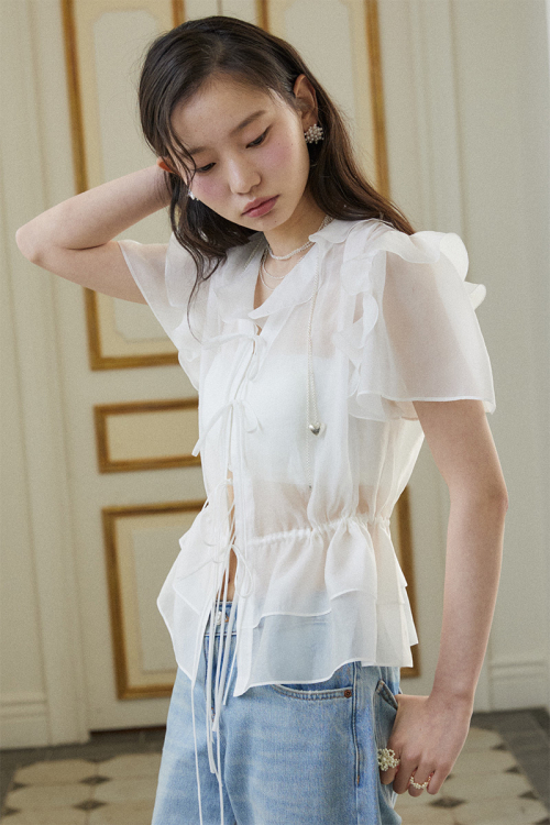 String Ribbon Sheer Blouse