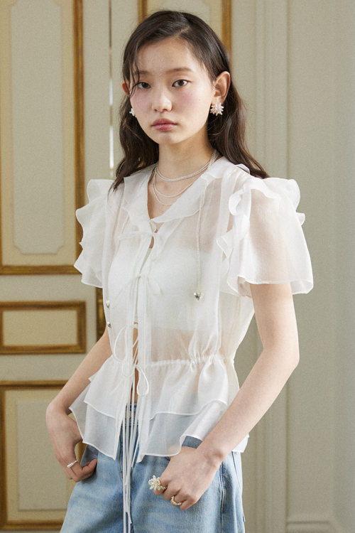 String Ribbon Sheer Blouse