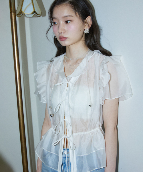 String Ribbon Sheer Blouse