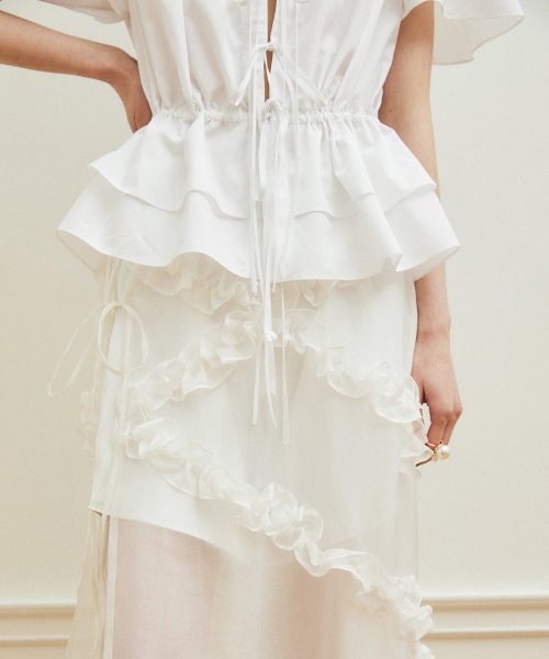 String Ribbon Shirring Blouse