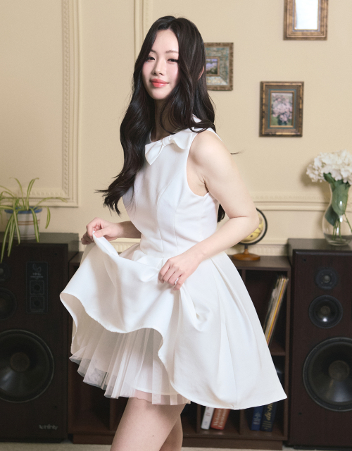 [LADY LINE] Ophelia Ribbon Point Sleeveless short Balloon Dress White