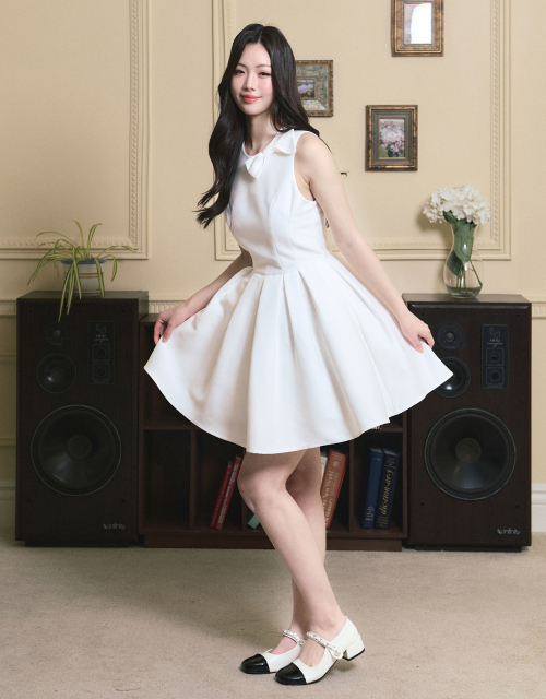 [LADY LINE] Ophelia Ribbon Point Sleeveless short Balloon Dress White