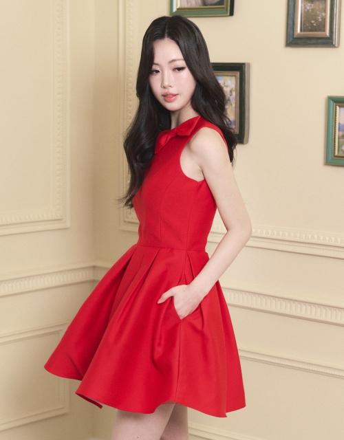 [LADY LINE] Ophelia Ribbon Point Sleeveless short Balloon Dress Red