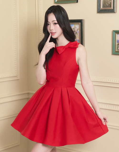 [LADY LINE] Ophelia Ribbon Point Sleeveless short Balloon Dress Red