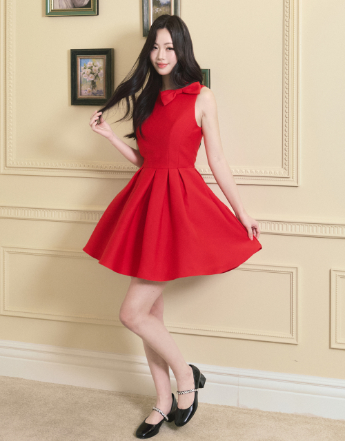 [LADY LINE] Ophelia Ribbon Point Sleeveless short Balloon Dress Red
