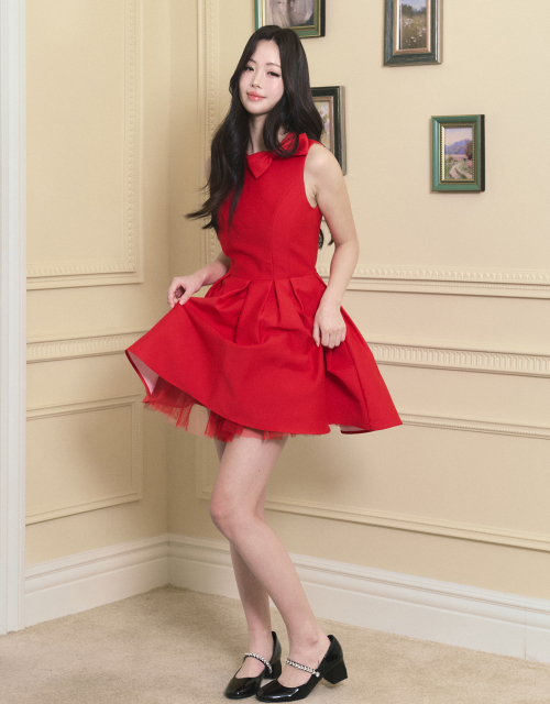[LADY LINE] Ophelia Ribbon Point Sleeveless short Balloon Dress Red