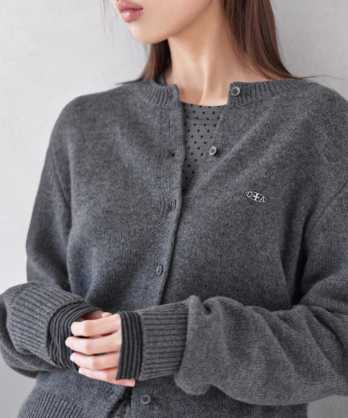 SIGNATURE CREW-NECK WOOL CARDIGAN, CHARCOAL