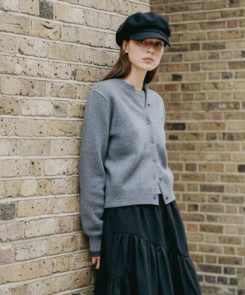 SIGNATURE CREW-NECK WOOL CARDIGAN, CHARCOAL