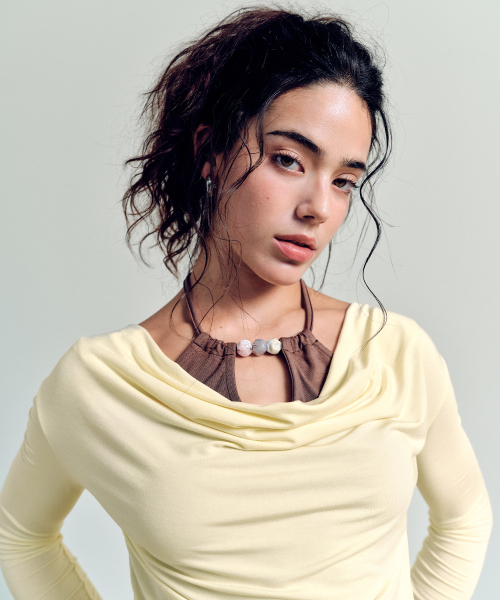 LAYERD BEADS COWL NECK T-SHIRT YELLOW