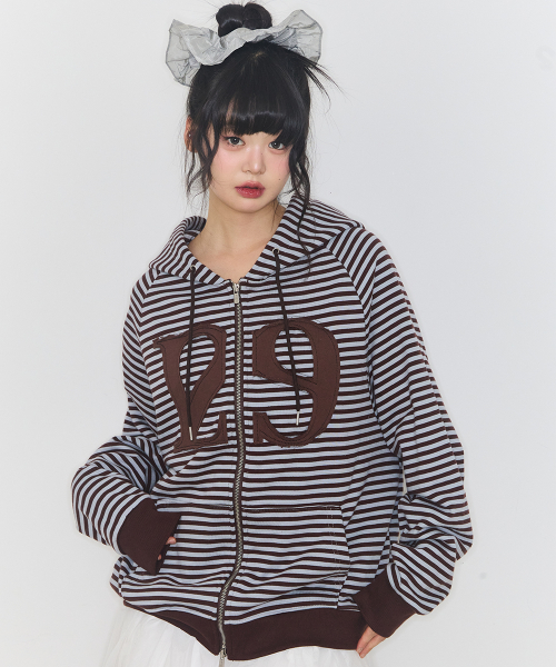 129 LOGO PATCH HOODIE ZIP-UP STRIPE BROWN