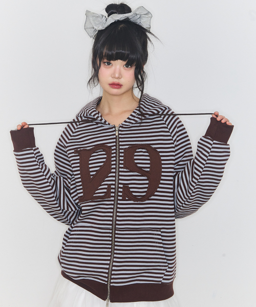 129 LOGO PATCH HOODIE ZIP-UP STRIPE BROWN
