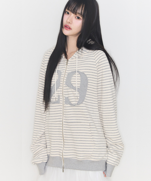 129 LOGO PATCH HOODIE ZIP-UP STRIPE IVORY