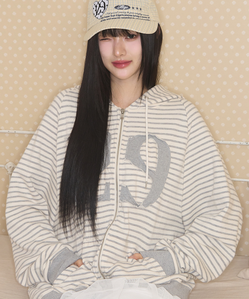 129 LOGO PATCH HOODIE ZIP-UP STRIPE IVORY