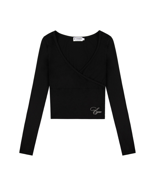 Script Logo V-neck Wrap Long Sleeve - Black
