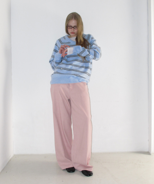 SOFT STRIPE V NECK BASIC KNIT BLUE