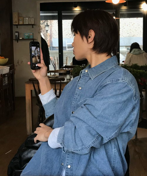 washed light indigo denim outer shirt