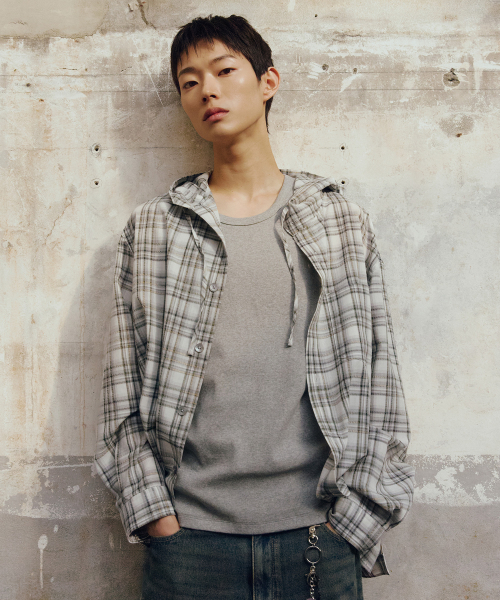 Checkered Overfit Hooded Shirt - 2color