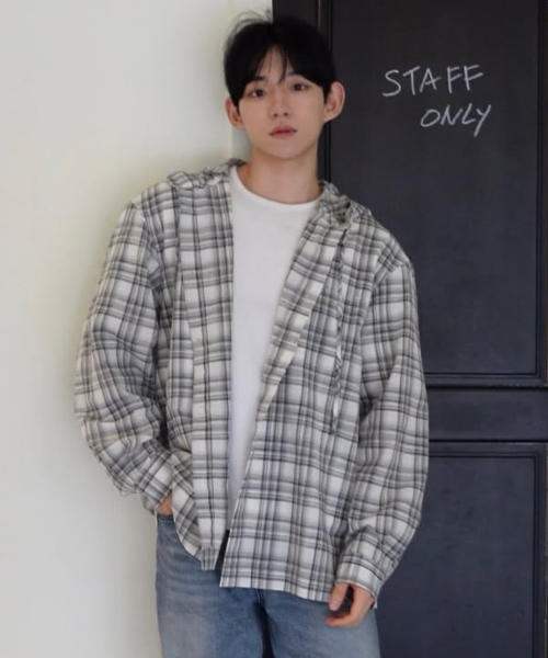 Checkered Overfit Hooded Shirt - 2color