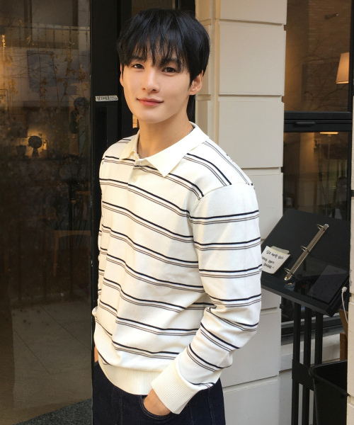 [COUTURE]Stripe semi-overfit collar knitwear