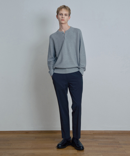 Washable Henley neck semi-overfit knitwear - 2color