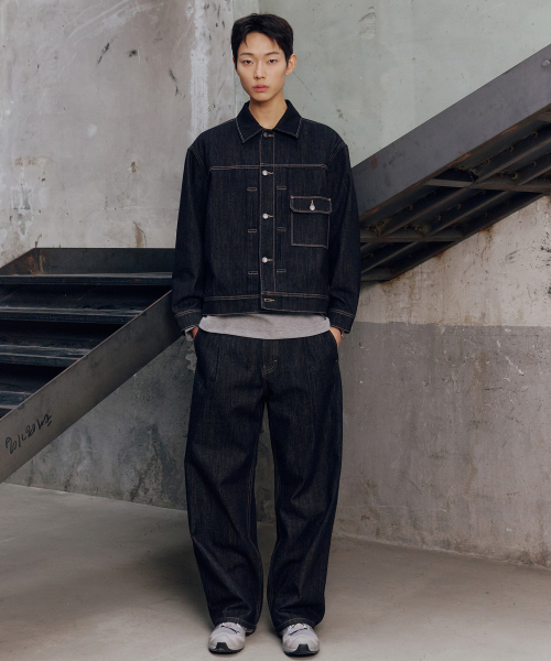 [SET]Black Raw Denim One Tuck Set-up