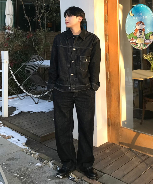 [SET]Black Raw Denim One Tuck Set-up