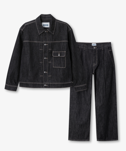 [SET]Black Raw Denim One Tuck Set-up