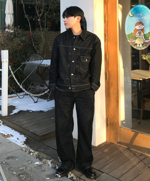 [SET]Black Raw Denim One Tuck Set-up