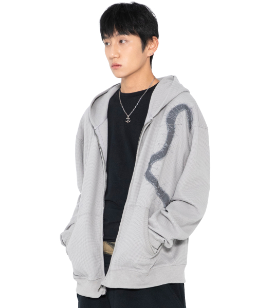 XTT151 플로우 아플리케 와플 후드 집업 (GRAY)