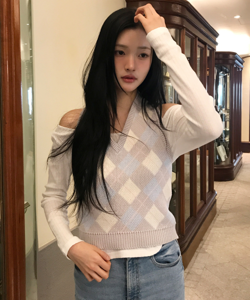 홀터넥 아가일 울 베스트 ( 라이트그레이 )