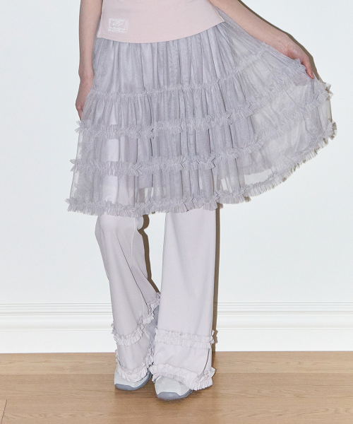 FLARE RUFFLE LAYERED SKIRT PANTS GRAY