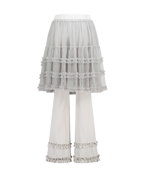 FLARE RUFFLE LAYERED SKIRT PANTS GRAY
