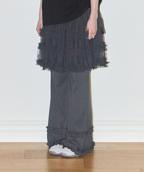 FLARE RUFFLE LAYERED SKIRT PANTS CHARCOAL