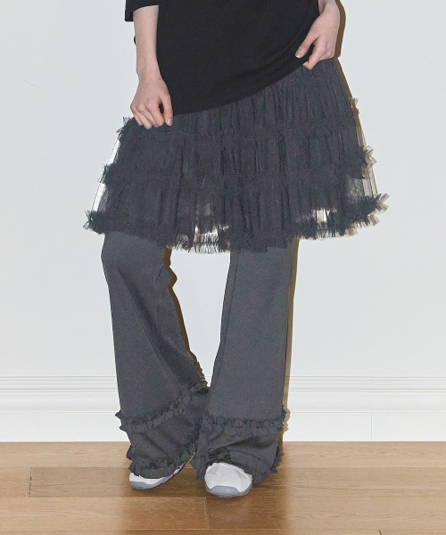 FLARE RUFFLE LAYERED SKIRT PANTS CHARCOAL