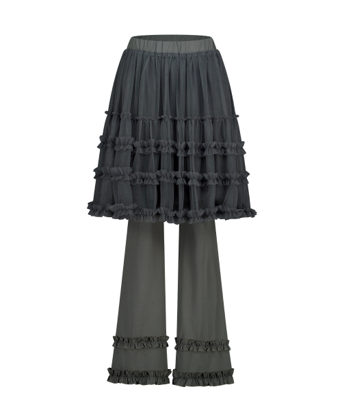 FLARE RUFFLE LAYERED SKIRT PANTS CHARCOAL