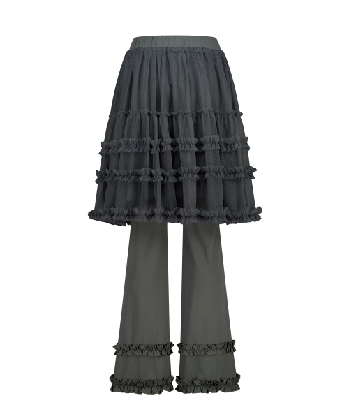 FLARE RUFFLE LAYERED SKIRT PANTS CHARCOAL