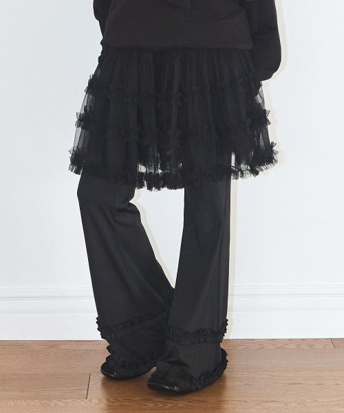 FLARE RUFFLE LAYERED SKIRT PANTS BLACK