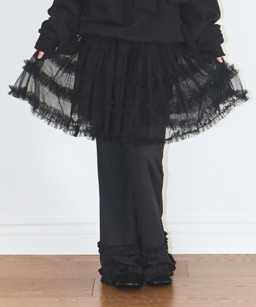 FLARE RUFFLE LAYERED SKIRT PANTS BLACK