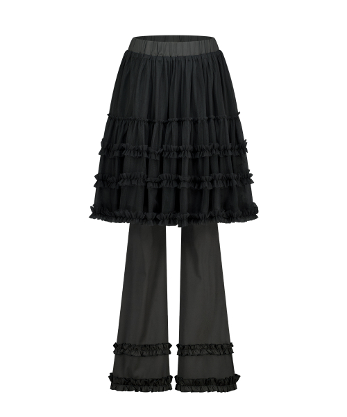 FLARE RUFFLE LAYERED SKIRT PANTS BLACK