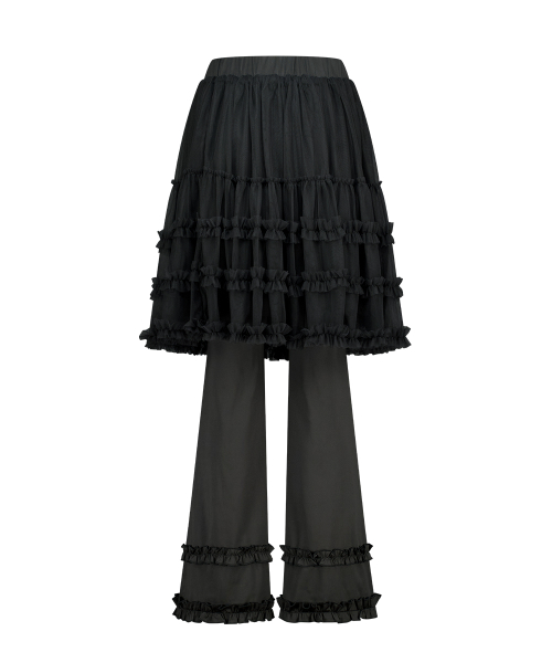 FLARE RUFFLE LAYERED SKIRT PANTS BLACK