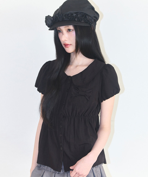 POMING RIBBON PUFF BLOUSE BLACK