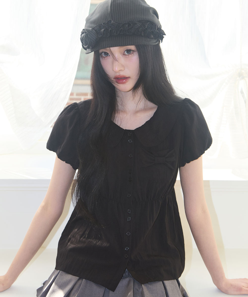 POMING RIBBON PUFF BLOUSE BLACK