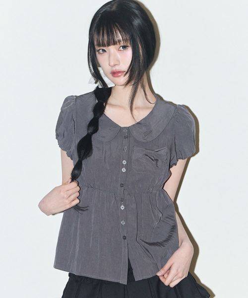 POMING RIBBON PUFF BLOUSE CHARCOAL