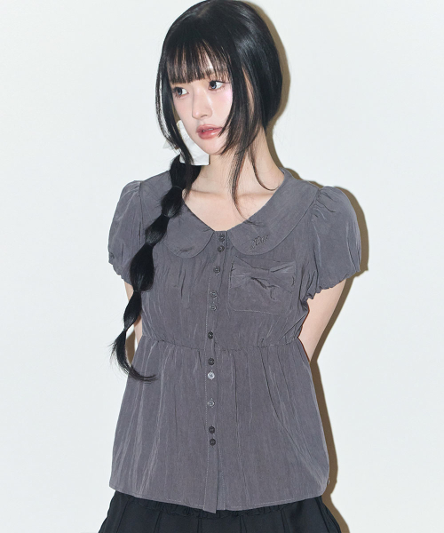 POMING RIBBON PUFF BLOUSE CHARCOAL