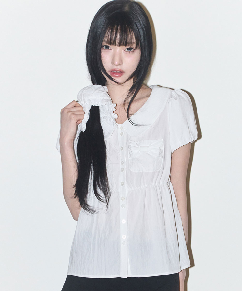 POMING RIBBON PUFF BLOUSE WHITE