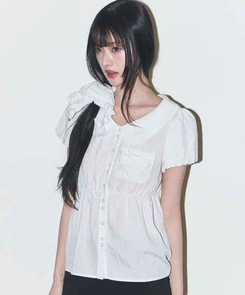 POMING RIBBON PUFF BLOUSE WHITE