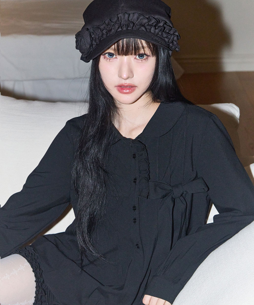 RIBBON PLEATS BLOUSE BLACK