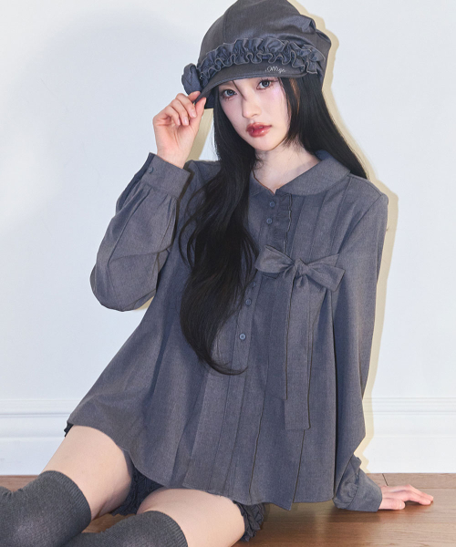 RIBBON PLEATS BLOUSE GRAY