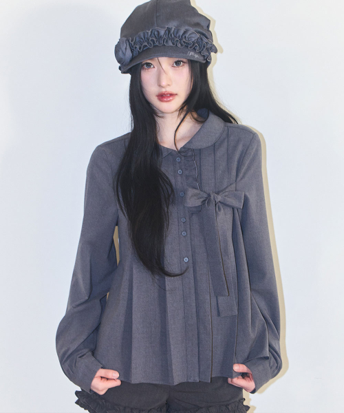 RIBBON PLEATS BLOUSE GRAY